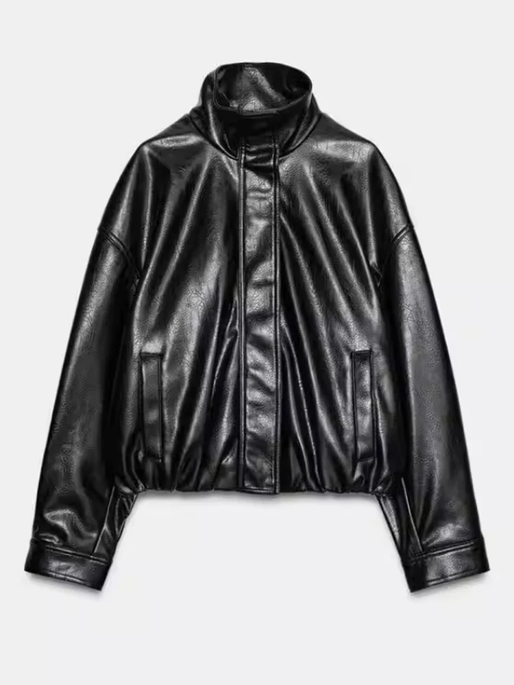 Winter 2025 Neuerscheinung Damen Hochkragen Lange Ärmel Kunstleder-Jacke Lässiger Oversize-Schnitt Reißverschluss Farbiger Mantel