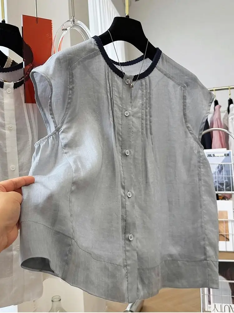

Lazy Style Simplicity Loose Shirt Tops Summer Button Thin Solid All-match Elegant Blouse Vintage Casual Fashion Women Clothing