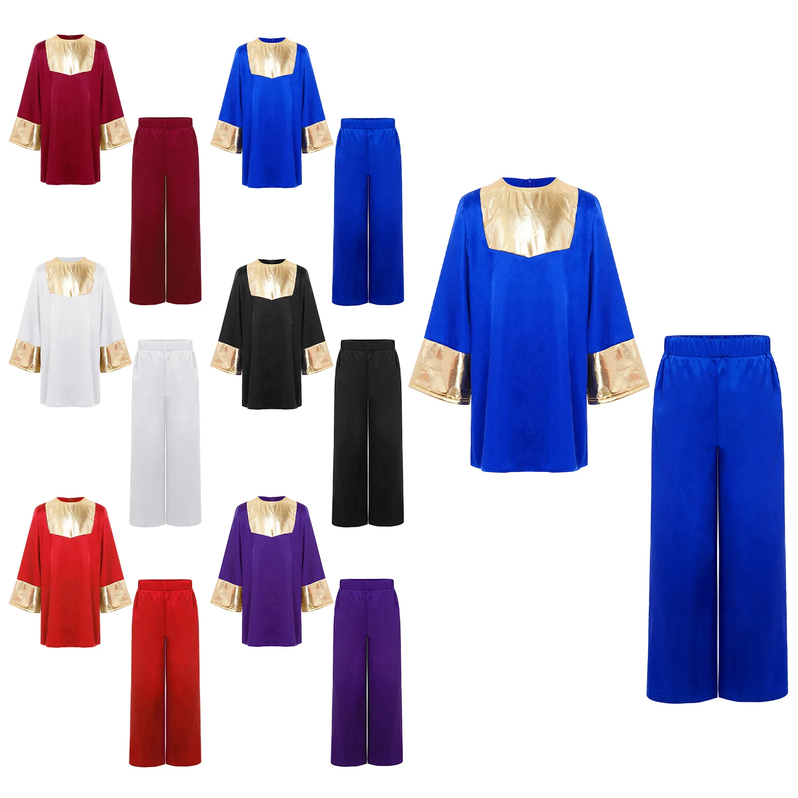Kids Boys Girls Liturgical Praise Dance Outfit Worship Ballroom Dance Wear Long Sleeve Metallic Robe with Satin Wide-Leg Pants