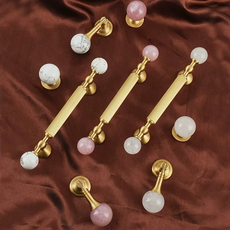 Gold Furniture Hardware Pink Rose Quartz + Brass Cabinet Pulls,Natural Crystal Ball Knobs for Kitchen Cupboard Dresser Wardrobe