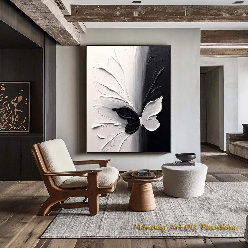 Large Hand Painted Oil Painting Modern Black And White Butterfly Themed Mural Minimalist Art Wall Art For Home Decoration