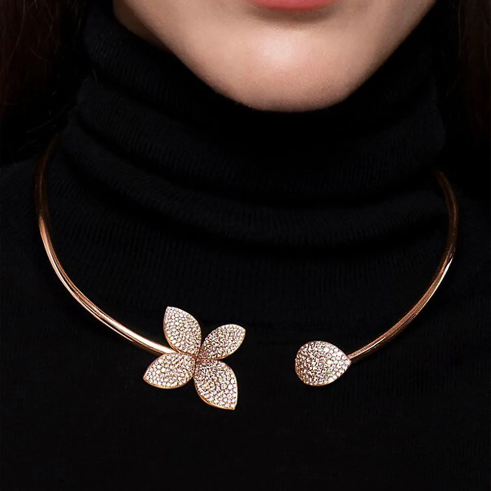 Gorgeous Crystal Flower Choker Necklace High Quality Women Wedding Gift Exquisite Torques Boho Bridal Open Necklace Adjustbale