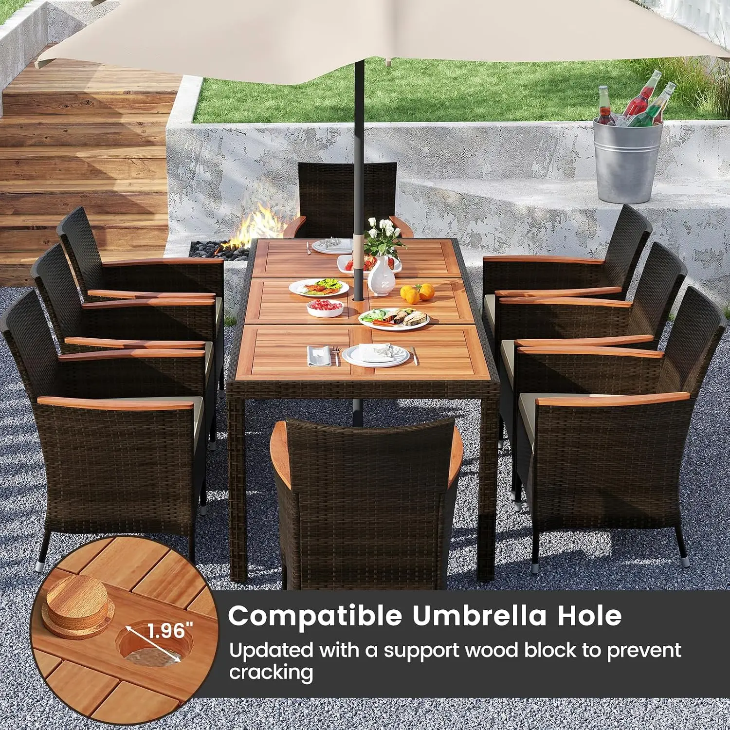 Wood Patio Dining Table with PE Rattan Chairs for 8, 75x36 Inch with Umbrella Hole, Deck & Backyard, Customized
