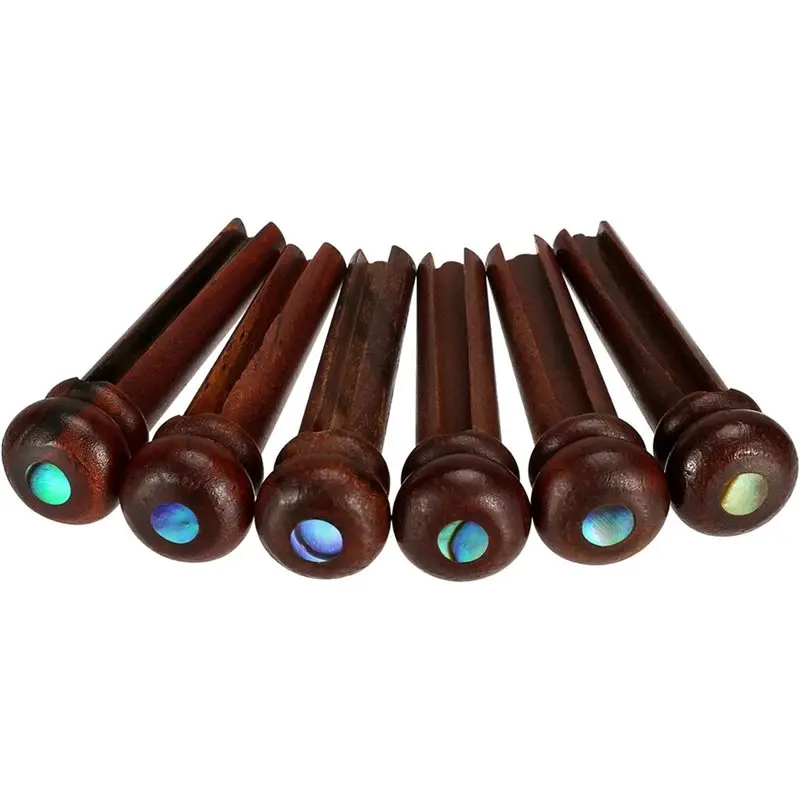 HOES-6Pcs Rosewood Guitar Bridge Pins With Abalone Dot Inlays Slotted String Pegs For Acoustic Guitar