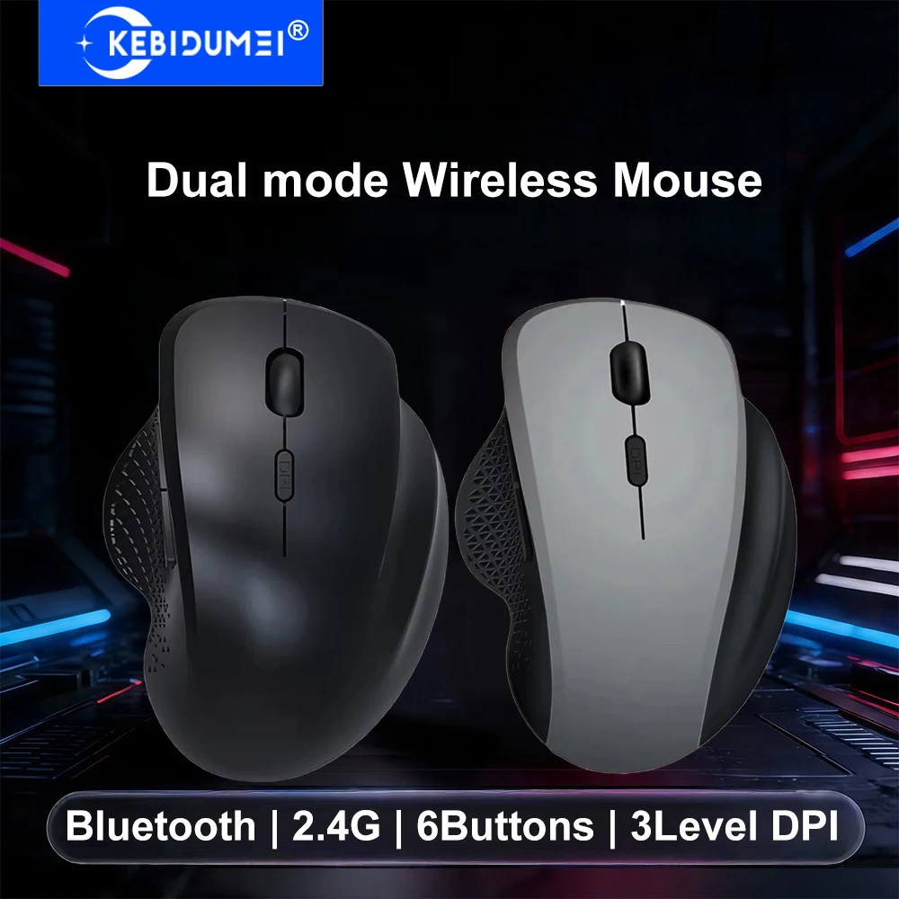 KEBIDUMEI Mouse Bluetooth de modo duplo, mouse sem fio 2.4G, 6 botões, mouse ergonômico para jogos, mouse óptico recarregável para PC