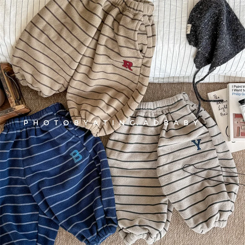 

Winter New Boys Fleece Letter Sweatpants Children Casual Pants Plus Velvet Thick Girls Loose Striped Trousers Kids Warm Pants