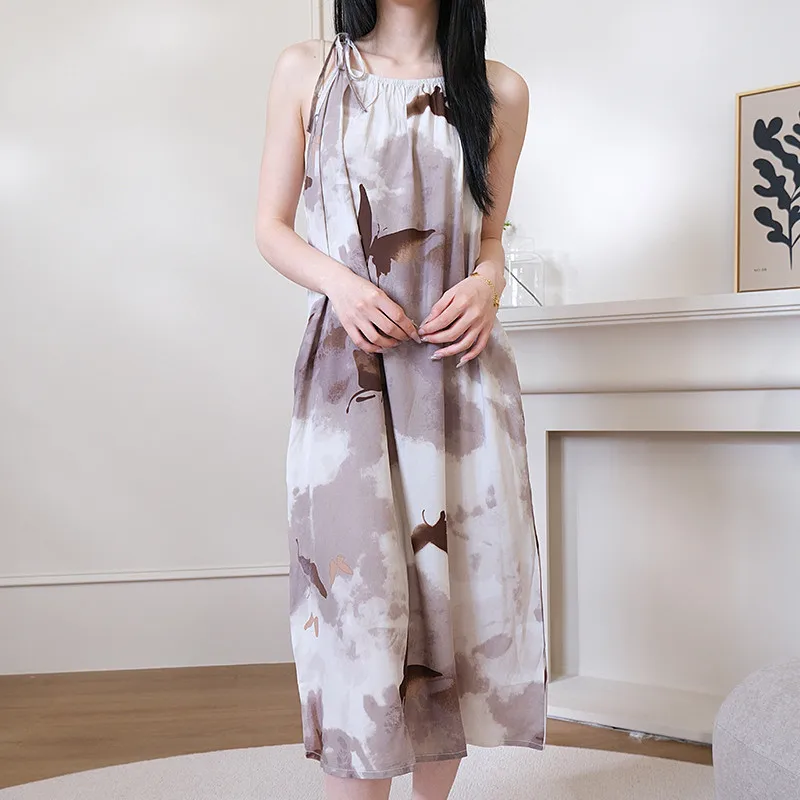 

Chinese Style Nightgown For Women Summer Cotton Sleepwear Outerwear Home Wear Sexy Mid-long Vest Dress Hot Women's Night Shirts