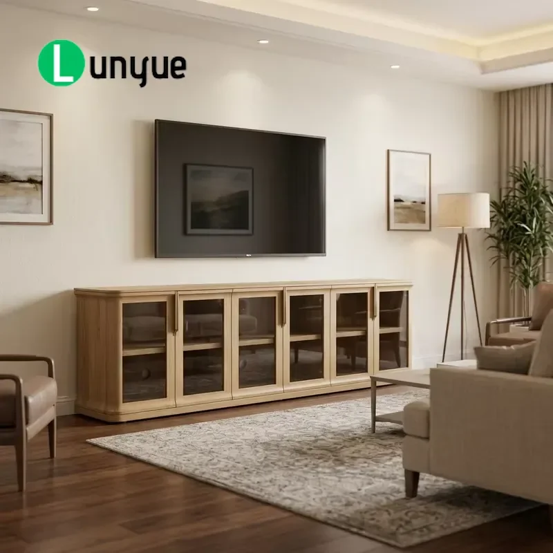 Luxury Modern Wooden TV Cabinet with Glass Six Door Media Console for Living Room Furniture Storage Display Stand