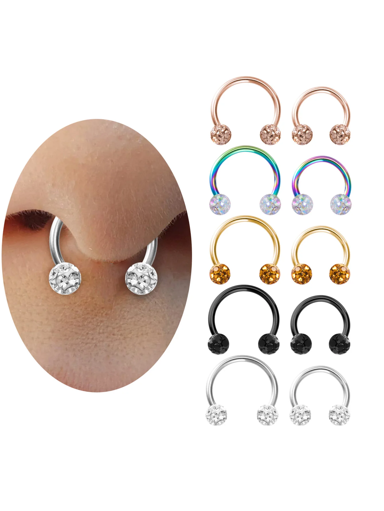 1pc Full Dirll Ball Nose Septum Cartilage Helix Eyebrow Lip Labret Horseshoe Ring Piercing Jewelry