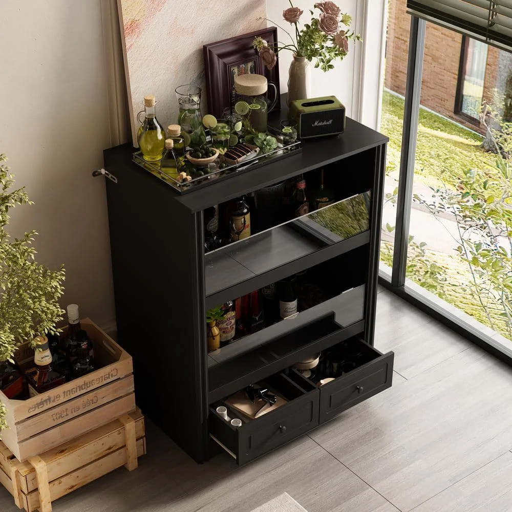 خشب أسود 31.5 بوصة. خزانة النبيذ ذات العرض، خزانة جانبية مع رفين مفتوحتين. 2 درج ونصف سياج زجاجي #2