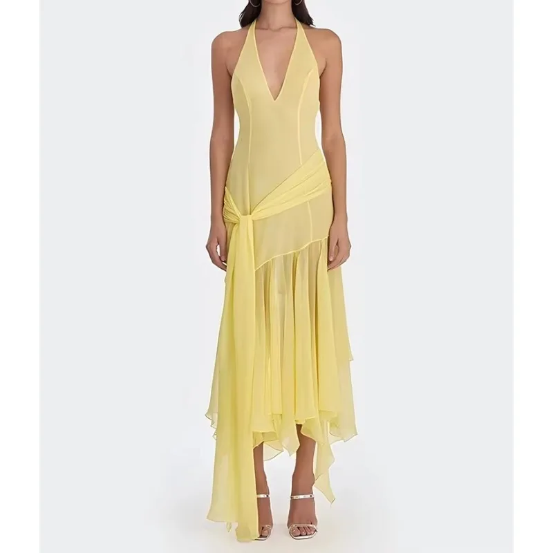 V Neck Sexy Maxi Dress Women Gown Fashion Off-shoulder Sleeveless Backless Draped Ruched Club Long Dress Elegant