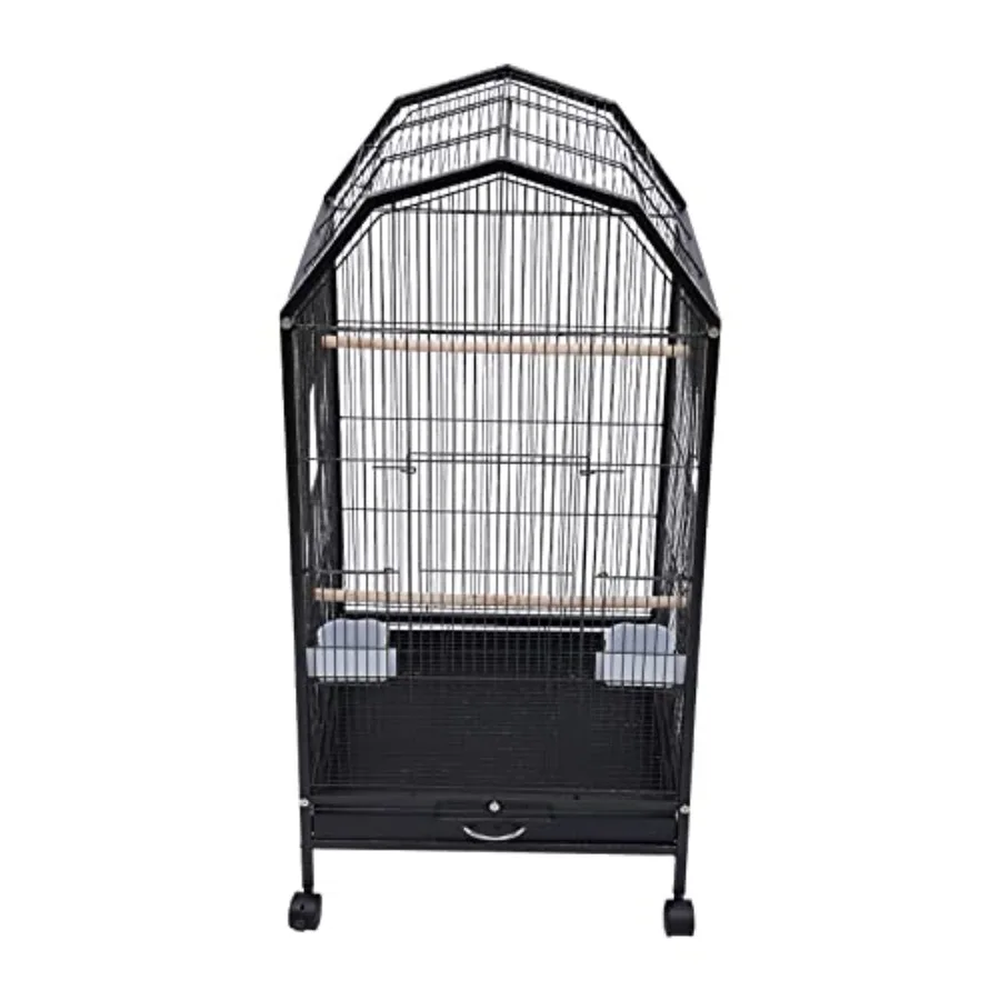 

53-Inch Wrought Iron Bird Cage with Rolling Stand for Cockatiels Conures Lovebirds Parakeets Black Includes Feeding Cups Univer