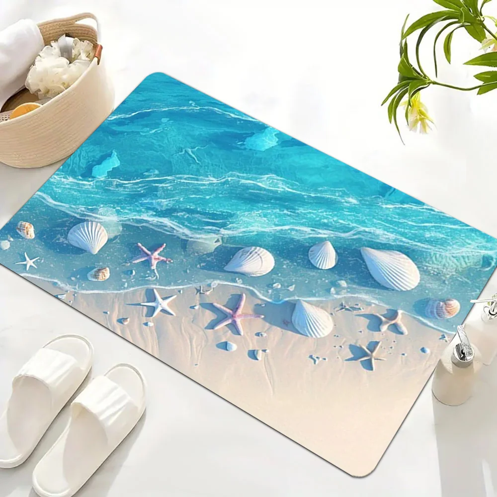 Ocean Wave Rug Velvet Flannel Printed Floor Mat Sea Shell Starfish Design Soft Absorbent Bathroom Carpet Home Decor