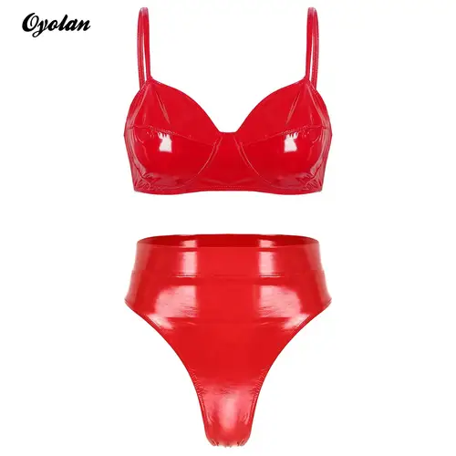 Imagen 1 del producto Conjunto de ropa interior íntima para mujer, Rave Wet Look, charol, sin aros, sin relleno, sujetador para el vientre, Top con bragas de cintura alta