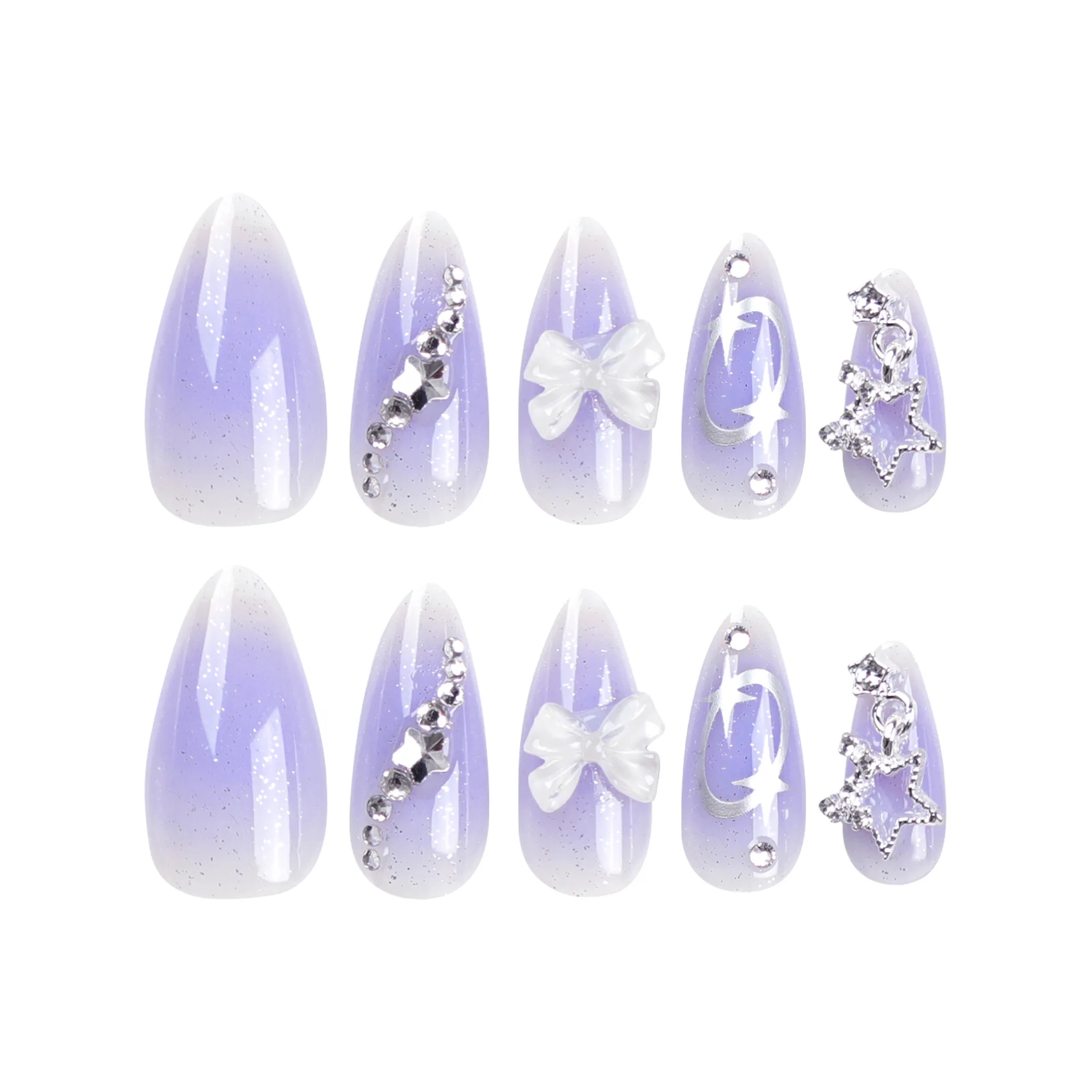 Wearable Silver Stripes Long Almond Nails Fake Y2k Nails Press On False Nails Stars Diamond Decoration Purple Nail Tips Finished