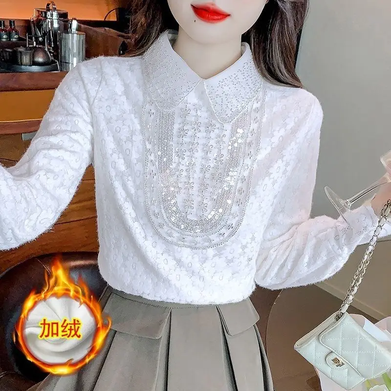 Lace Inner Shirt for Women 2024 New Autumn and Winter Fashionable and Stylish Style with Plush Base Doll Neck Long Sleeved Top