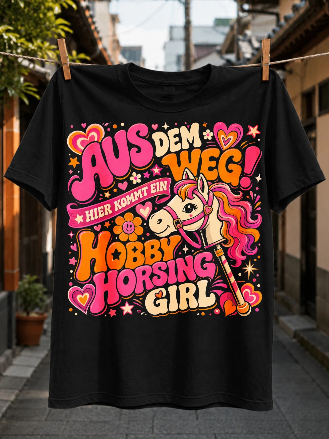 Hobby Horsing Girl smiling hobby horse hearts flowers stars and groovy lettering bright seventies  Unisex All T-Shirt