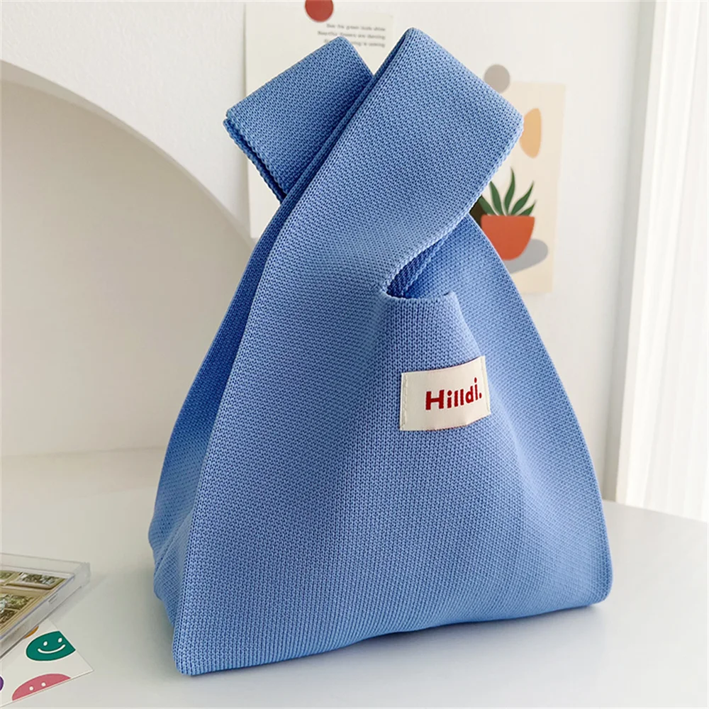 Knit Handbag Solid Color Tote Bag Japanese Style Versatile Portable Casual Shopping Bags Reusable Bucket Bag for Women Gift