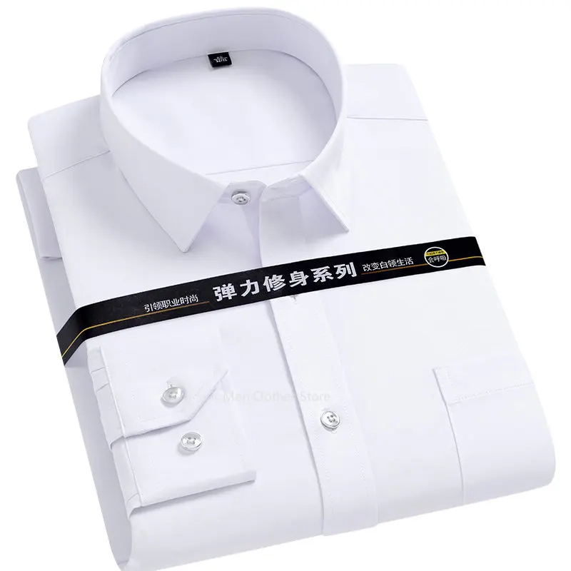 Men\'s Strech Solid Dress Shirt Anti-Wrinkle Long Sleeve Plain Casual Shirts Male Regular Fit Non-iron Easy Care Work Clothes Man