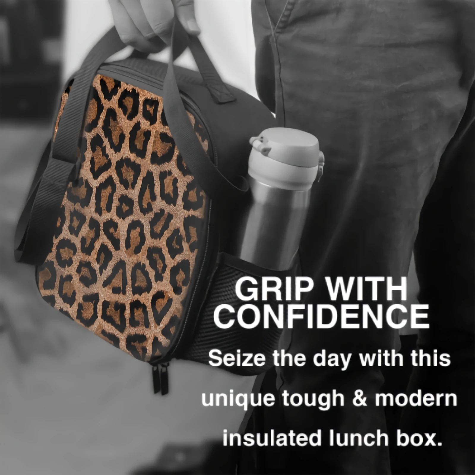 Brown Leopard Print Insulated Thermal Lunch Bags Washable Tote Crossbody Lunch Container Food Carrier for School Travel Work