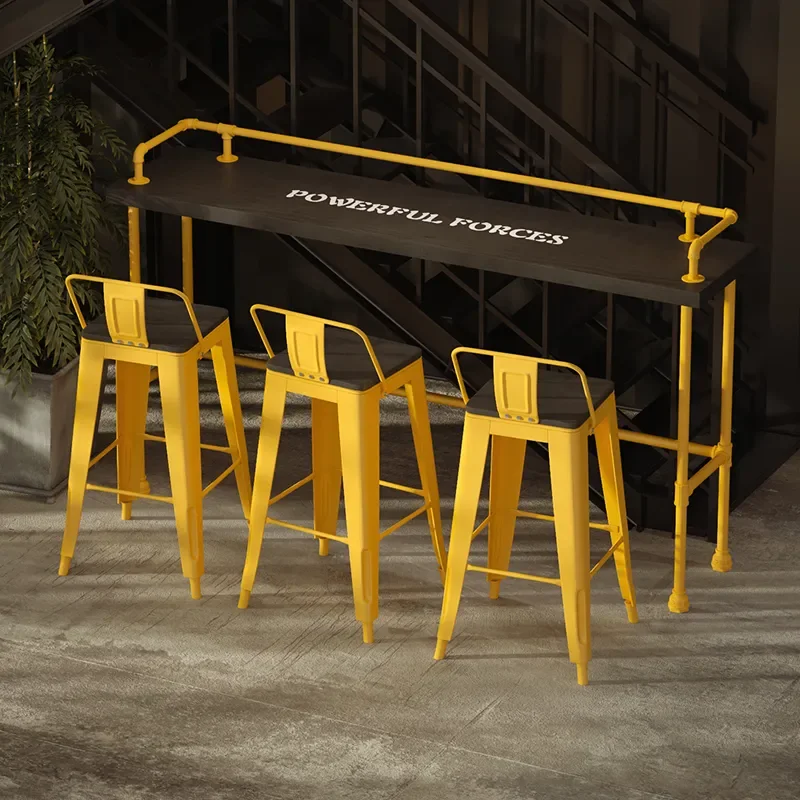 Industrial Style Solid Wood Bar Table and Chair Set Wrought Iron High Table for Milk Tea Shop Cafe Long Bar Counter Furniture