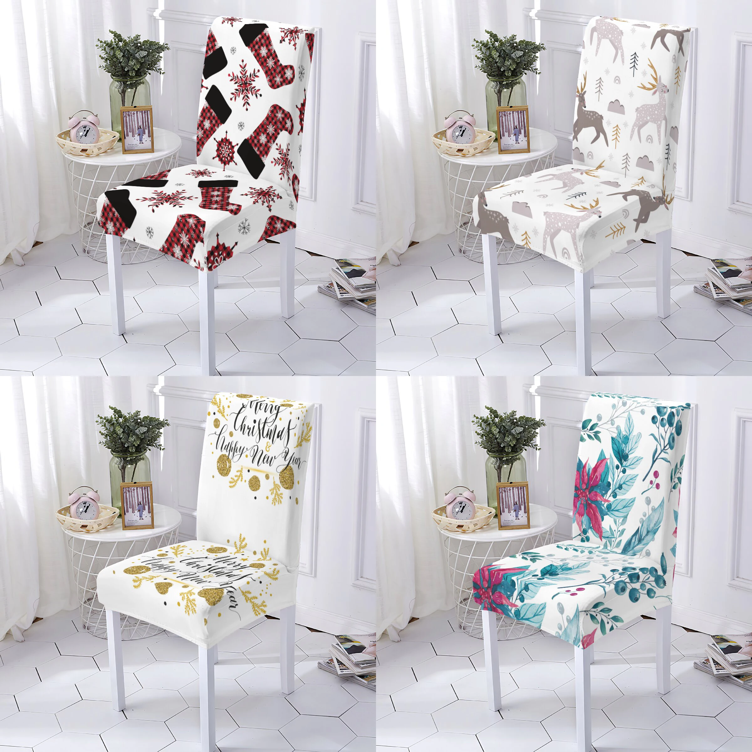 

Christmas Style Chair Cover Anti-Dirty Seat Chairs Covers Sock Pattern Banquet Dining Covers For Kitchen Chairs Home Stuhlbezug