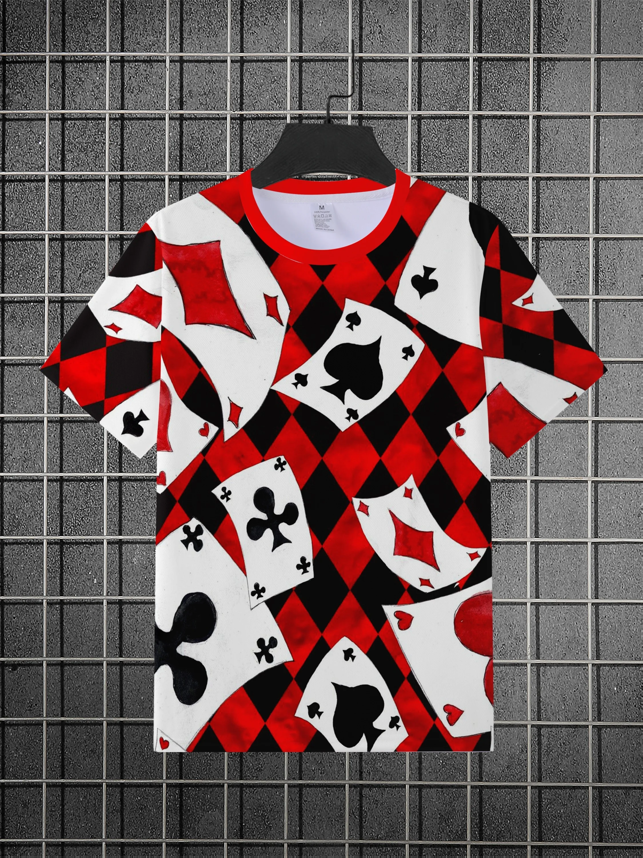 Men's Red Trim Crew Neck T Shirt 3D Poker Card Rhombus Plaid Print Casino Party Casual Street Tops