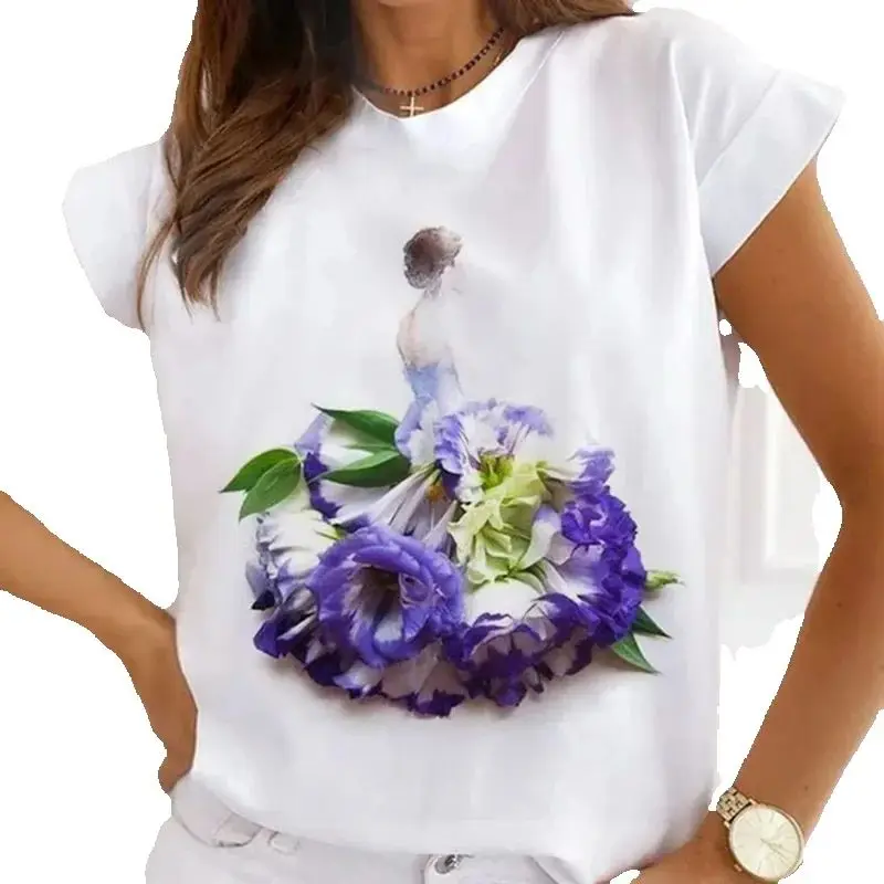 Women's Pink Flower Skirt T-shirt Short Sleeve Creative Rose Print Aesthetic Top Summer Polyester Fabric