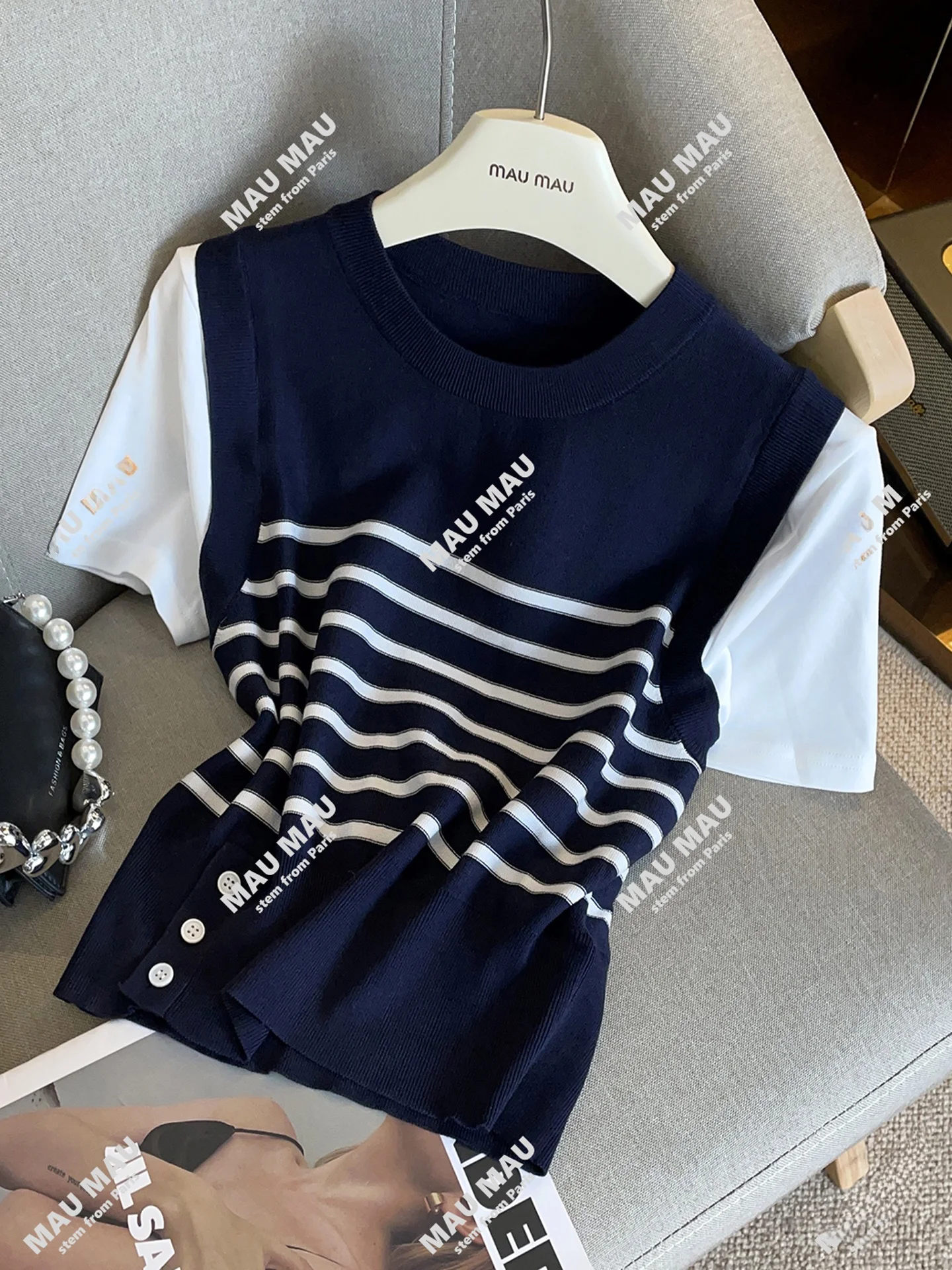 

High-End Women's Knitted Stripe T-irt Autumn College Sle Fake Two-Piece ort Sve round Ne Regular Fit Soft Medium