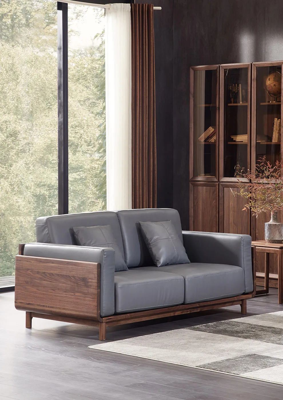 Solid wood sofa, black walnut sofa, cherry wood leather fabric sofa, living room three-person sofa combination