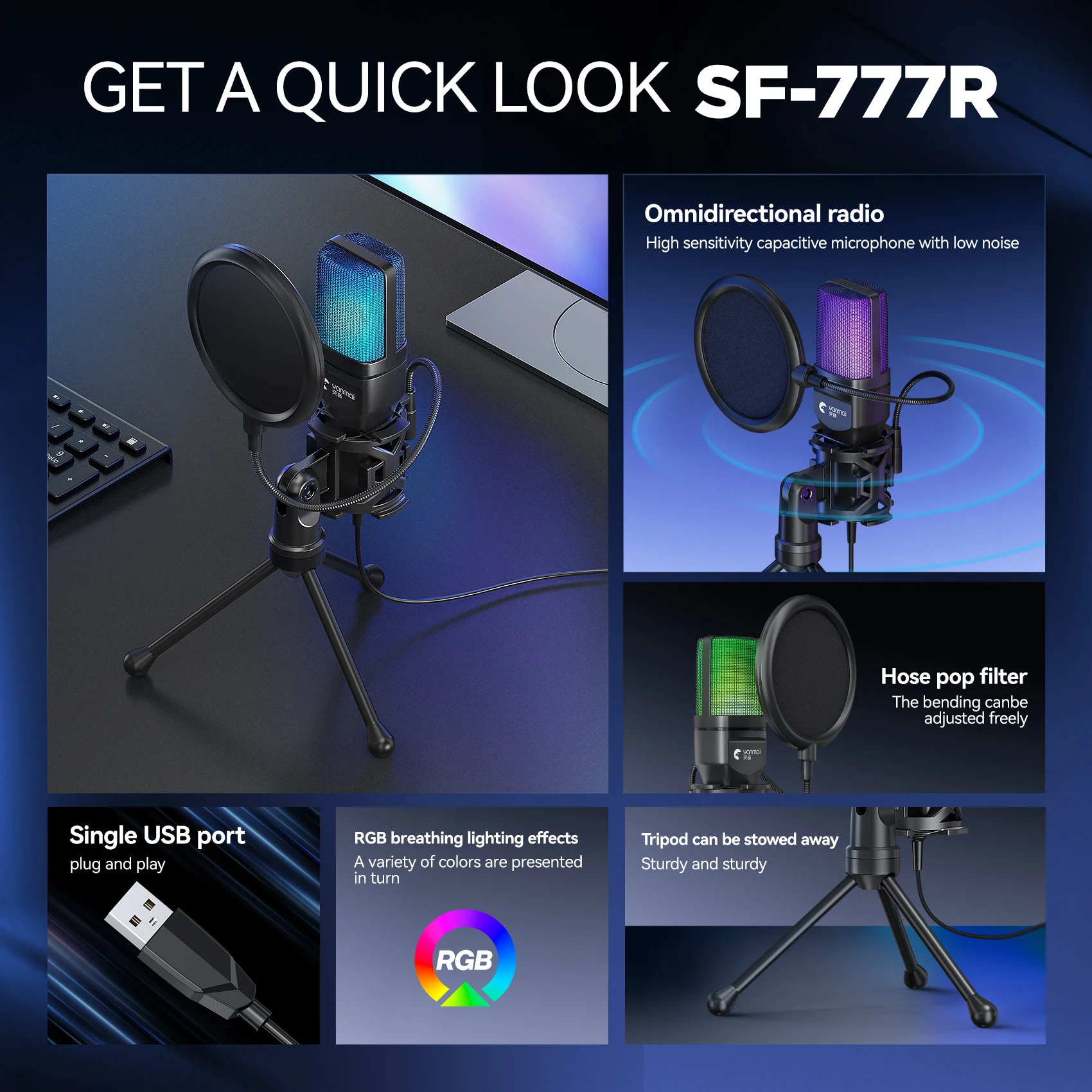 SF-777R RGB USB مكثف الألعاب ميكروفون الكمبيوتر المهنية هيئة التصنيع العسكري للكمبيوتر PS4 PS5 ماك الهاتف تسجيل تدفق البث #2