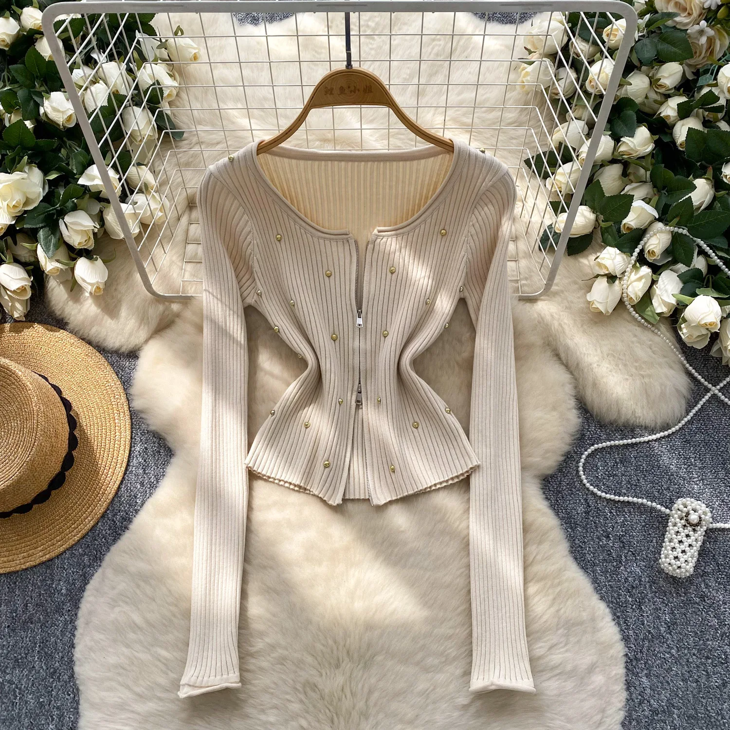 

Knit Cardigan Women Long Sleeved Slim Jumpers Zipper Sweaters Diamond Spliced Casual Solid Skinny Lady Jumpers Autumn 2025