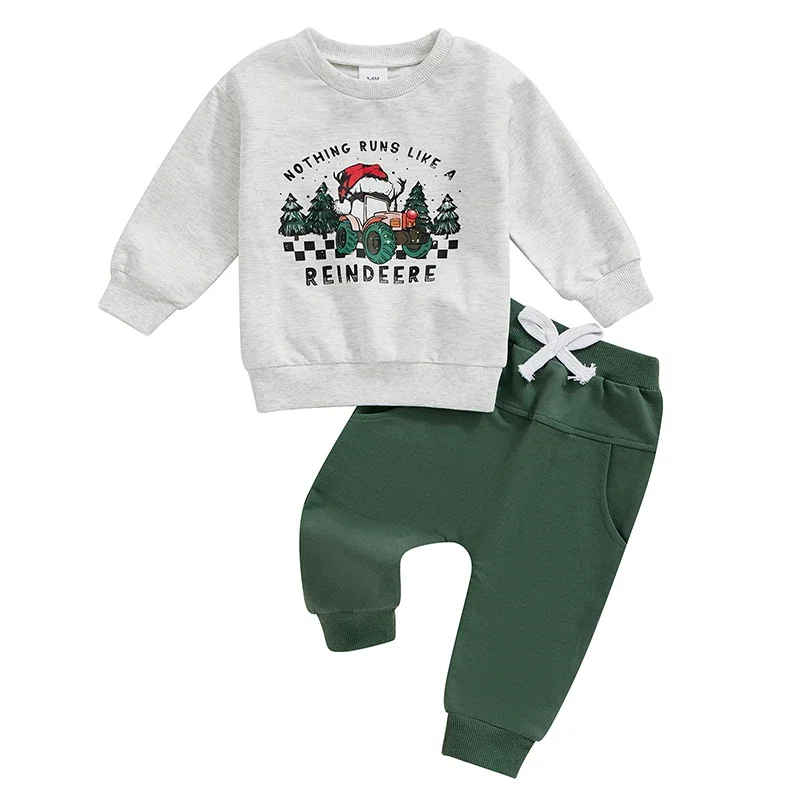 

0-36months Baby Boy Christmas Outfits Long Sleeve Sweatshirt + Reindeer Truck Print Pants Set Toddler Boys Xmas Clothes Set