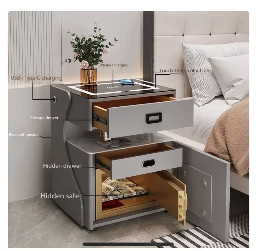 Smart bedside table with hidden safe, wireless charging