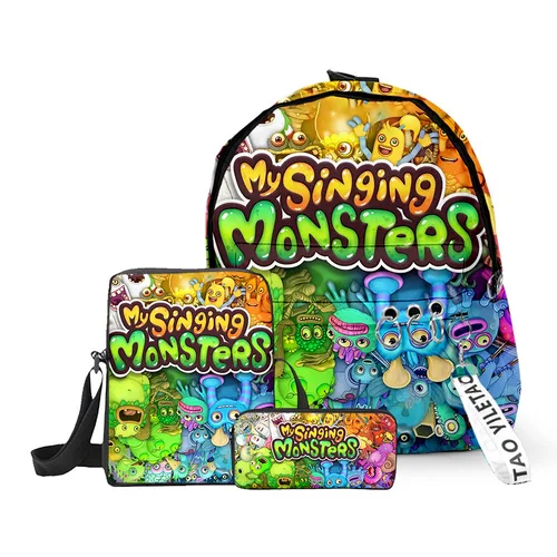 Imagen 2 del producto Dibujos animados populares mis monstruos cantantes impresión 3D 3 unids/set mochilas escolares Oxford llavero mochila bolso de hombro inclinado estuche para lápices