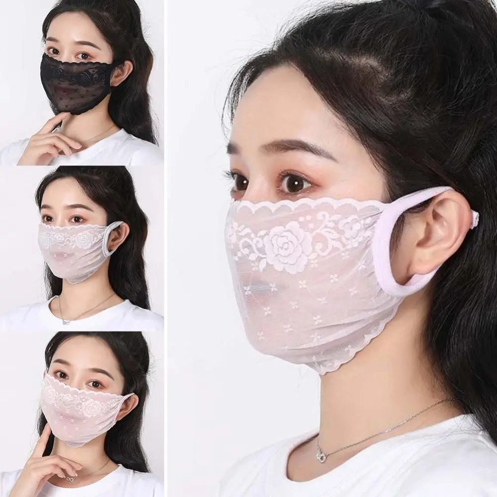 

Fashion Breathable Sunscreen Veil Ultra-thin Lace Design Cycling Mask UV Protection Elastic Face Cover For Women and Girls
