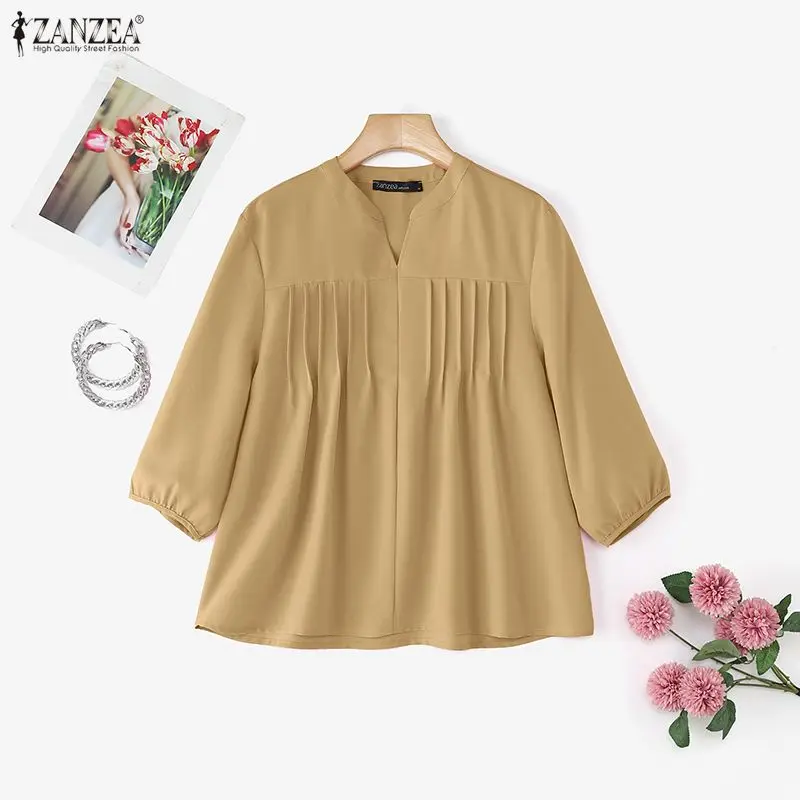 ZANZEA 女性スタイリッシュなトップスファッションパフスリーブ V ネック無地ブラウスサマーシャツ 2026 ルーズエレガントな仕事 OL 女性 Blusas