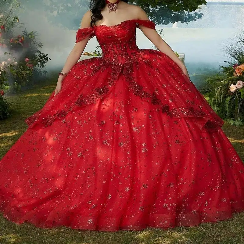 Rotes glänzendes Prinzessin-Ballkleid Quinceanera-Kleider, schulterfrei, Perlenapplikationen, Kristalle, süßes 16-Abschlussball-Partykleid, Vestido De 15