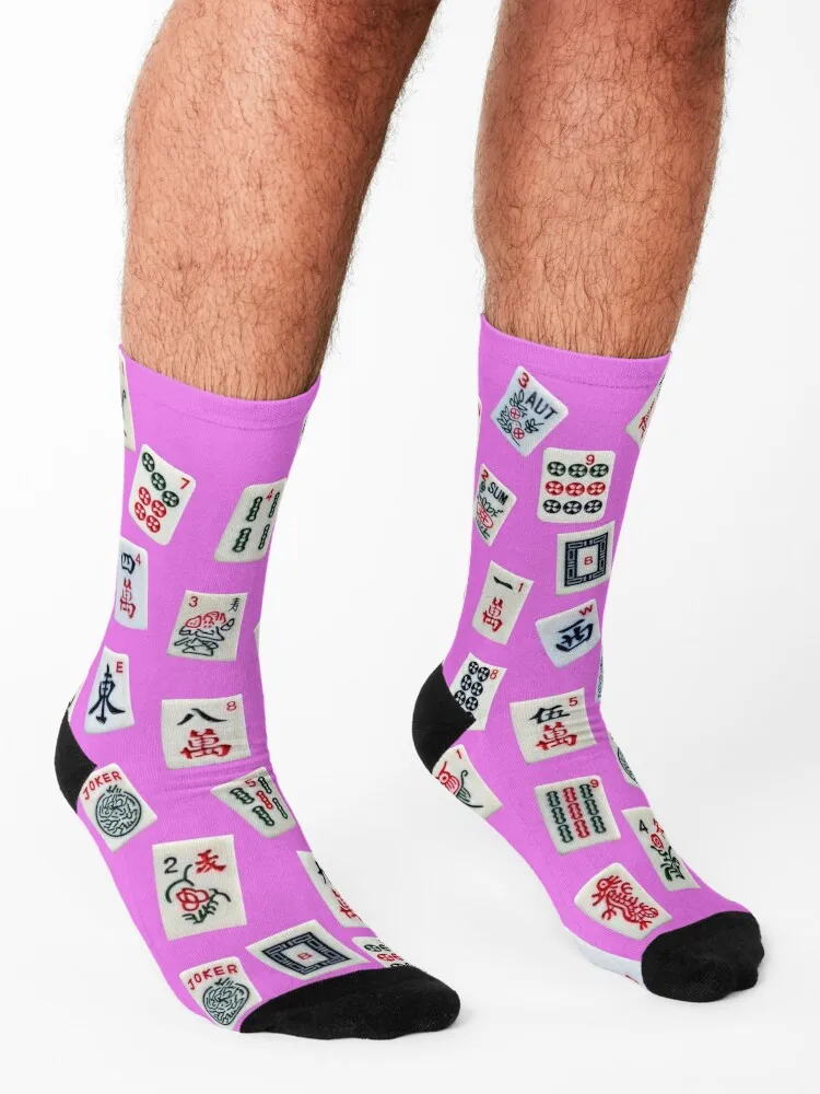 Mahjongg game tiles design on pink color Socks Sports Running Hiking boots hip hop Socks Female Men's