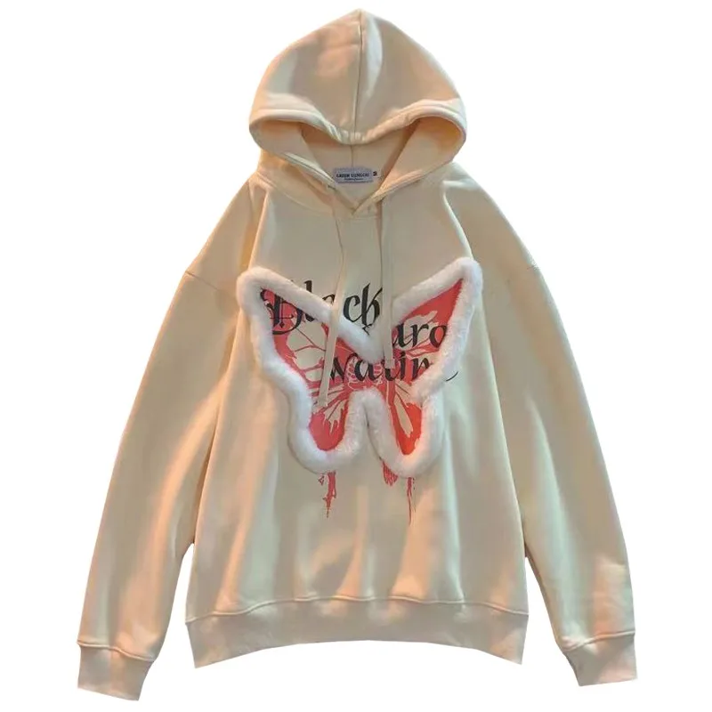 

New Harajuku Downy Butterfly Sweet Women Sweatshirt Fashion Autumn Winter Girl Hoodie Keep Warm Fleece Lazy Female Pullover