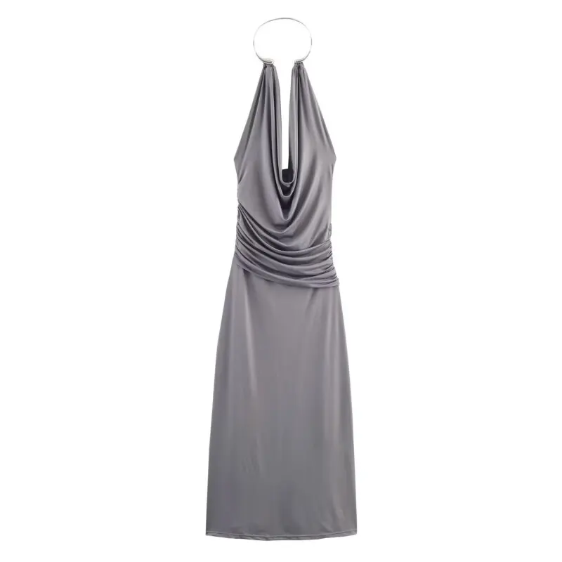 Vestido elegante con cuello Halter gris de alta calidad, vestido de fiesta de noche Sexy con hombros descubiertos, sin mangas, vestidos de belleza sin espalda, sencillo y delgado