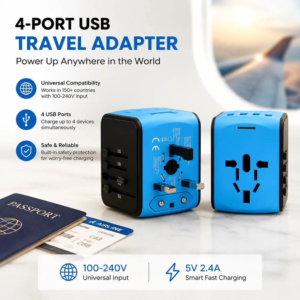 4-Port USB Wall Charger Travel Adapter, 100-240V Universal Input, 5V 2.4A Output, International Socket Converter for