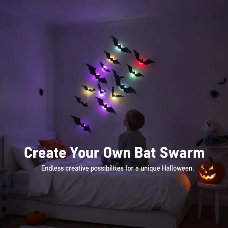 #Halloween 3D Bat LED Wall Sticker Night Light Eco-friendly Self-adhesive Bat Decor for Patio Office Halloween Party Decor