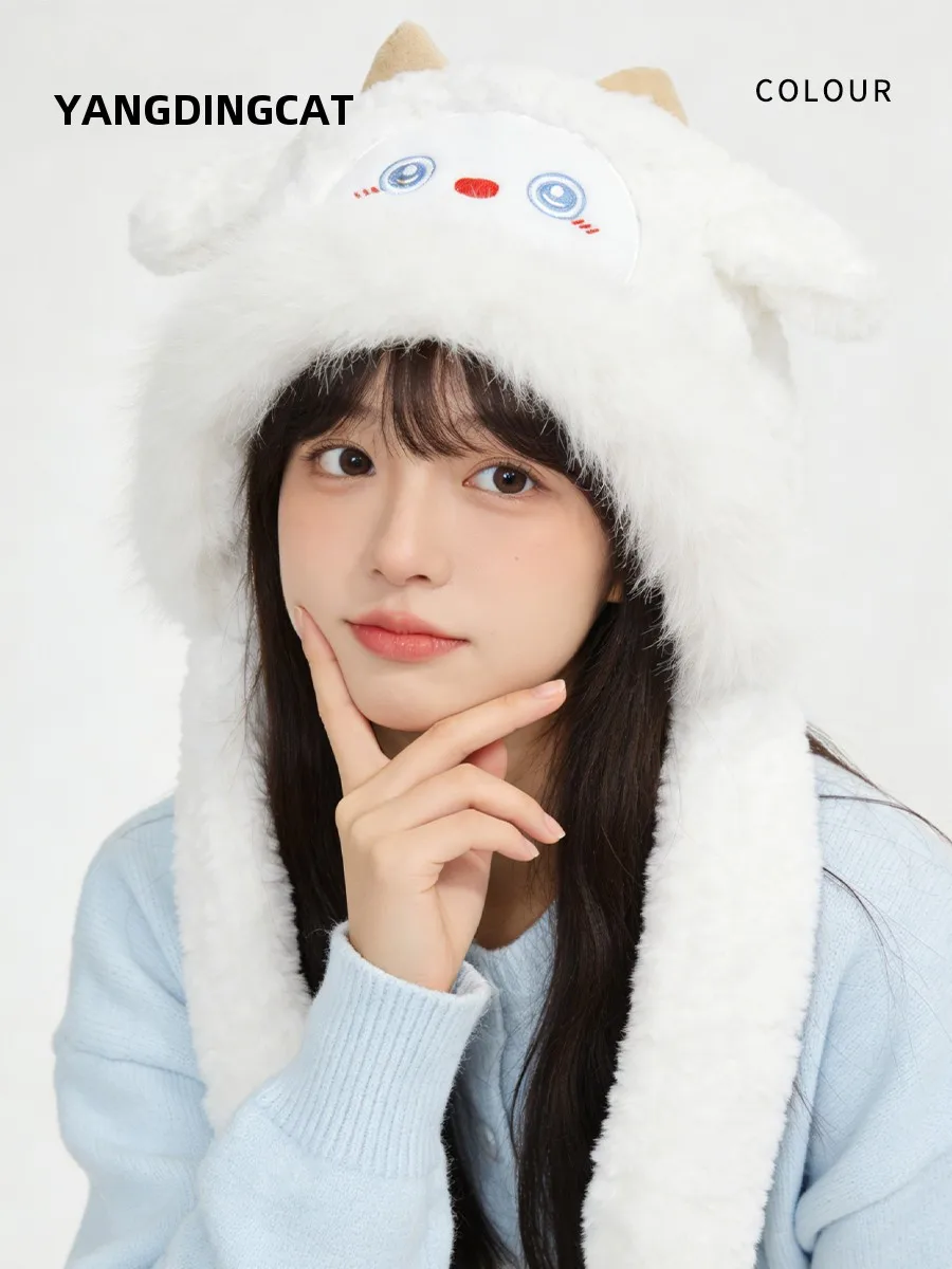 かわいい小さな羊のぬいぐるみ帽子スカーフセット-レディース-春-アウトドア-暖かい耳当て付き-lei-feng風帽子スカーフ3点セット