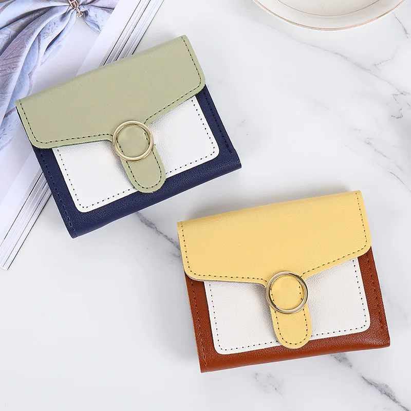 KVNIO Women's Fold Short Wallet Contrast Color Simple Student Multifunctional Trend Buckle Purse All-match Card Holder Bag