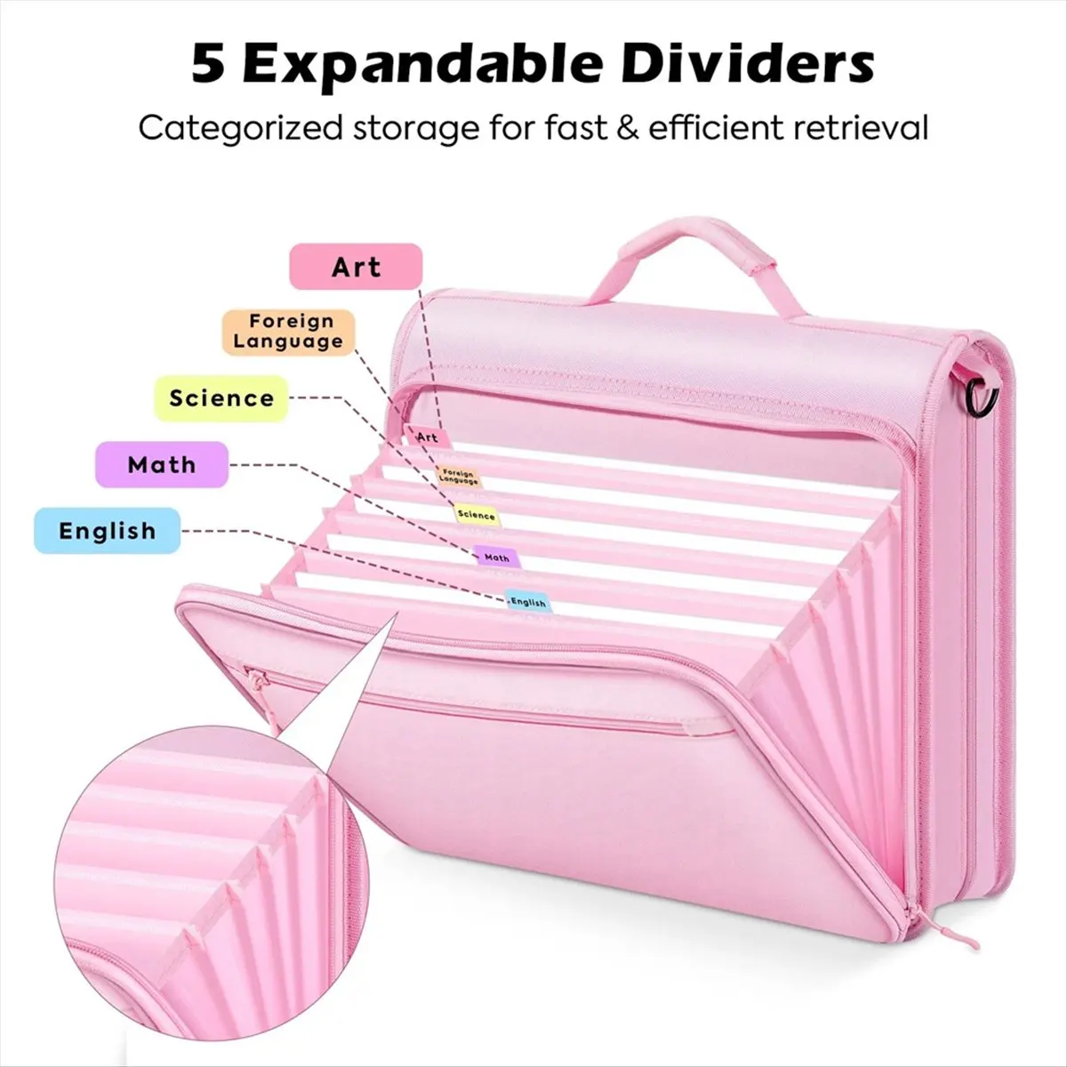 STOCK-Zipper Binder, 2 Inch 3 Ring Binder with Multi-Pocket, 500 Sheet Capacity 5 Tab Expanding File Folder, Zipper Bag Pink