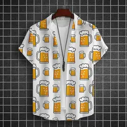 Hawaiian Shirt For Men 3d Beer Printed Short Sleeve Shirts Party Tees Summer Casual Tops Loose Oversized Clothing