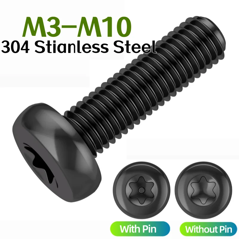 M3 M4 M5 M6 M8 M10 Black 304 Stianless Steel Six-Lobe Torx Pan Head Screw Six Lobe Round Head With/Without Pin Tamper Proof Bolt