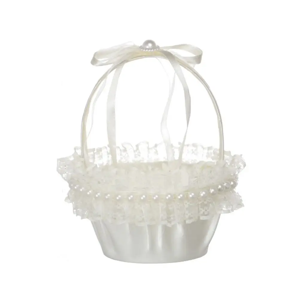 

Романтическая кружевная свадебная корзина с цветами розы и жемчужной ручкой, атласная сумка с бантом, сумка на запястье с лентой и бантом, корзина с цветочным узором для девочек, вечерние