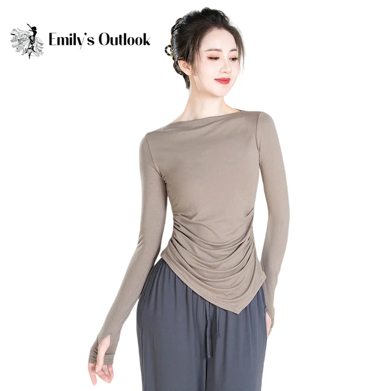 Women Thumb Finger Hole Tee Shirt Classical Dance Top Irregular Hem Tank Clothes Slim Elegant Dancer Practice Hanfu Outfit XL